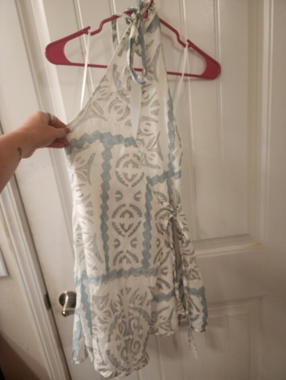 Indikah White Blue Geometric Tile Print Halter Wrap Mini Dress Size XS